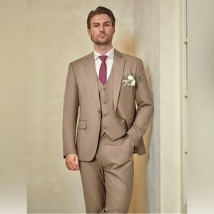 WULFUL Men's Slim Fit One Button 3-Piece Suit-Blazer, Vest, & Pant